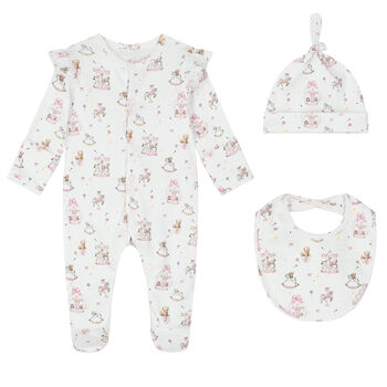 Baby Girls White & Pink Carousel Babygrow Set